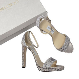 NEW Jimmy Choo Misty 120 Platinum Mix Silver Glitter Sparkle Sandals Heels 39.5